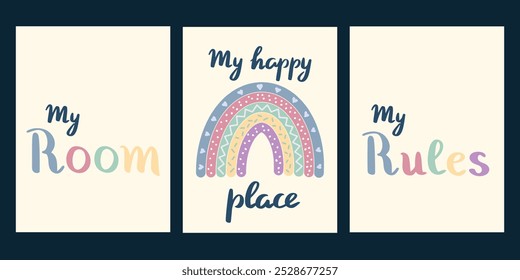 decoration for home, poster, my happy place, my room, my rules, boho rainbow, for children room 