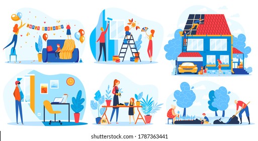 Decoration house design vector illustration set. Cartoon flat family people decorate home interior for celebration, do room or house repairs, work, plant houseplants in garden isolated on white