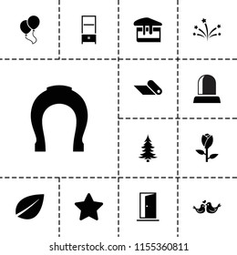 Decoration icon. collection of 13 decoration filled icons such as rose, leaf, star, lovebirds, carpet, door, balloon, horseshoe. editable decoration icons for web and mobile.