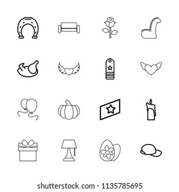Decoration icon. collection of 16 decoration outline icons such as chicken, horseshoe, candle, baseball cap, rank, rose, sofa. editable decoration icons for web and mobile.