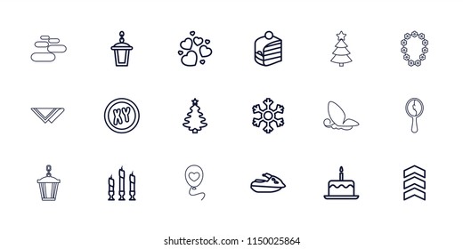 Decoration icon. collection of 18 decoration outline icons such as cake with one candle, christmas tree, piece of cake. editable decoration icons for web and mobile.