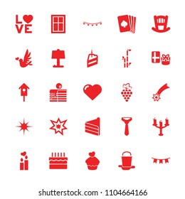 Decoration icon. collection of 25 decoration filled icons such as grape, window, baby bed, heart, bamboo, pllaying card, gift. editable decoration icons for web and mobile.