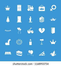 Decoration icon. collection of 25 decoration filled icons such as sofa, door, crown, christmas tree, piece of cake, lovebirds. editable decoration icons for web and mobile.