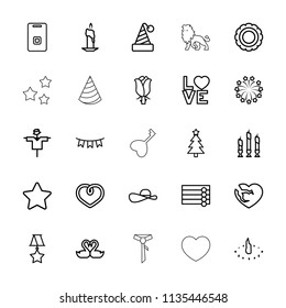 Decoration icon. collection of 25 decoration outline icons such as scarecrow, wooden wall, christmas tree, star, party hat. editable decoration icons for web and mobile.