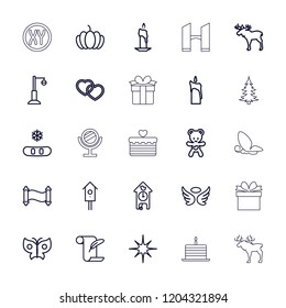 Decoration icon. collection of 25 decoration outline icons such as moose, wings, feather and paper, snowflake, candle, pumpkin. editable decoration icons for web and mobile.
