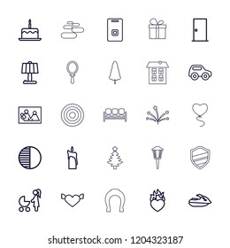 Decoration icon. collection of 25 decoration outline icons such as door, toy car, cake with one candle, heart with wings. editable decoration icons for web and mobile.