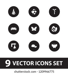 Decoration icon. collection of 9 decoration filled icons such as sofa, butterfly, party hat, tie, heart, easter egg. editable decoration icons for web and mobile.