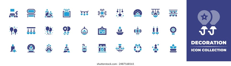 Decoration icon collection. Duotone color. Vector illustration. Containing decoration, garland, bauble, picture, floral, chinese, snowball, candle, candles, medal.