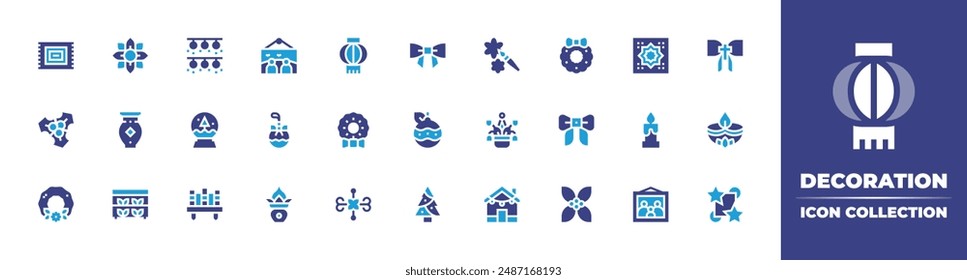 Decoration icon collection. Duotone color. Vector illustration. Containing christmaswreath, ribbon, christmasball, candle, lantern, bowtie, decoupage, plant, muslim, diwali.