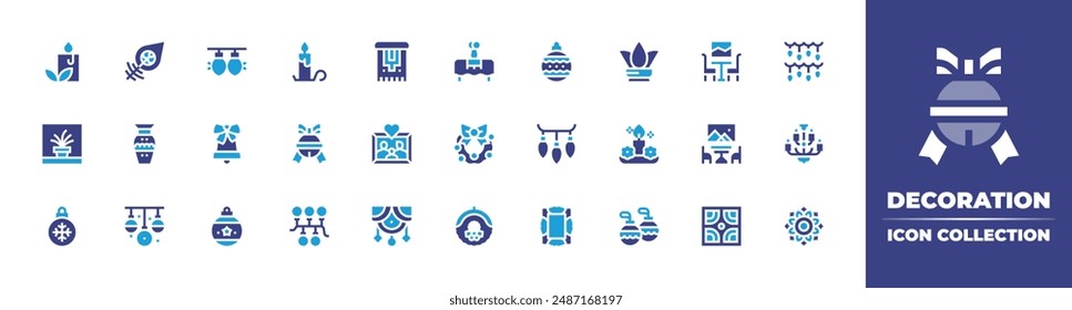 Decoration icon collection. Duotone color. Vector illustration. Containing rangoli, christmaslights, christmasballs, tile, frame, livingroom, chandelier, offering.