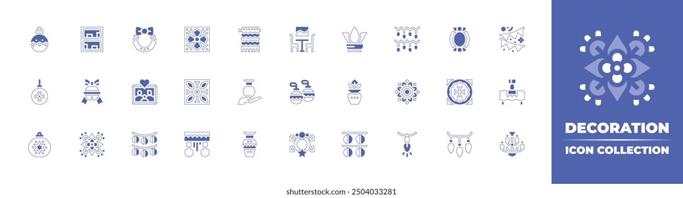 Dekorationssymbolsammlung. Duotone Stil Linie Strich und fett. Vektorgrafik. Enthaltend rangoli, Dekoration, Lichter, christmaslights, Kachel, Rahmen, Kronleuchter, Tisch, Girlanden.