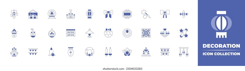 Icono de decoración colección. Estilo duotono trazo de línea y negrita. Ilustración vectorial. Contiene banderines, chucherías, muérdago, planta, globo de nieve, vela, kadomatsu, kumbhkalash, retrato.