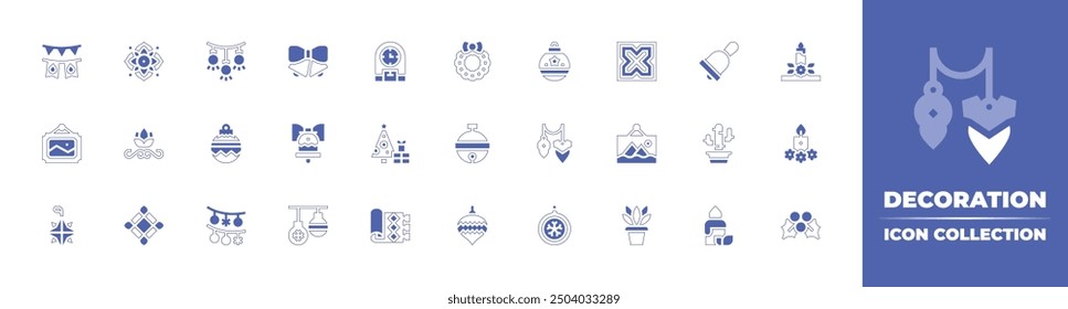 Decoration icon collection. Duotone style line stroke and bold. Vector illustration. Containing mistletoe, bell, baubles, christmasball, christmastree, cactus, art, candle, plant, carpet.