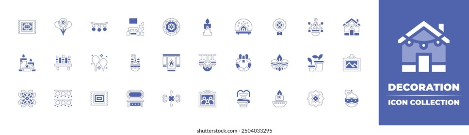 Decoration icon collection. Duotone style line stroke and bold. Vector illustration. Containing christmaswreath, christmasball, pattern, plantpot, picture, fountain, candle, diwali.