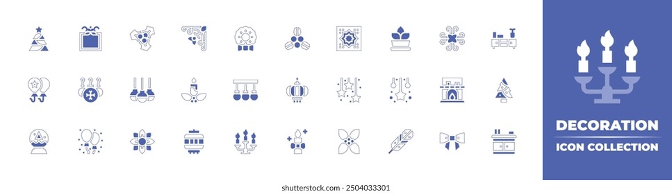 Decoration icon collection. Duotone style line stroke and bold. Vector illustration. Containing christmas, bauble, baubles, mistletoe, balloon, christmastree, frame, balloons, snowglobe.