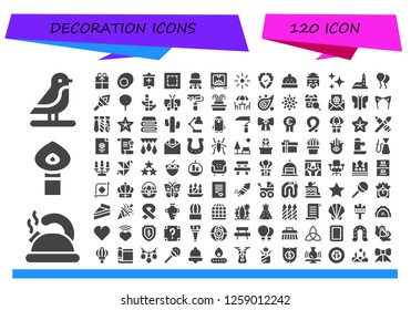  decoration icon set. 120 filled decoration icons. Simple modern icons about  - Bird, Teapot, Torch, Gift, Gummy, Banner, Marquee, Desk chair, d, Brightness, Shield, Bonnet, Chinese