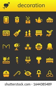 decoration icon set. 26 filled decoration icons.  Simple modern icons such as: Mirror, Cupid, Banner, Gift, Teapot, Cake, Certificate, Paint brush, Candles, Bench, Origami, Doors
