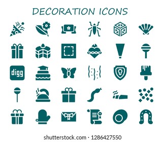  decoration icon set. 30 filled decoration icons. Simple modern icons about  - Confetti, Leaf, Banner, Insect, Crystal, Shell, Gift, Cake, Marquee, Sacred heart, Piping bag, Lollipop
