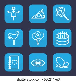 Decoration icon. set of 9 outline decoration icons such as butterfly, scarecrow, lollipop, weather vane, notebook with heart, balloon, sundial