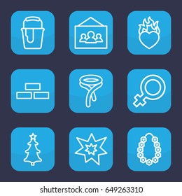 Decoration icon. set of 9 outline decoration icons such as brick wall, female, tie, paint bucket, heart in fire, christmas tree, fireworks, garland