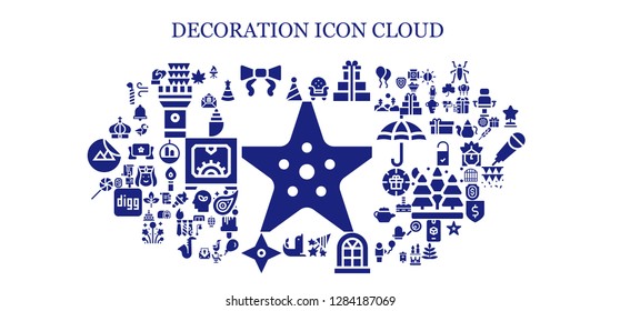  decoration icon set. 93 filled decoration icons. Simple modern icons about  - Starfish, Party hat, Garlands, Tie, Armchair, Gifts, Confetti, Window, Seal, Star, Lollipop, Crown