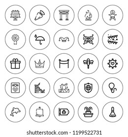 Decoration icon set. collection of 25 outline decoration icons with baby, bakery, balloon, banner, bell, bench, clown hat, cake, butterfly, brush icons. editable icons.