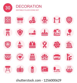 decoration icon set. Collection of 30 filled decoration icons included Window, Torii gate, Stone, Desk chair, Red carpet, Chair, Shield, Indian, Cake, Park, Flame, Forest, Ribbon