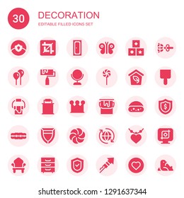 decoration icon set. Collection of 30 filled decoration icons included Shield, Crop, Door, Butterfly, Shapes, Balloon, Roller, Mirror, Lollipop, Eco, Paint bucket, Crown, Cake