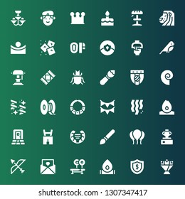 decoration icon set. Collection of 36 filled decoration icons included Flower bouquet, Shield, Fire, Bench, Invitation, Bow, Vase, Balloons, Brush, Laurel, Lederhosen, Door, Confetti