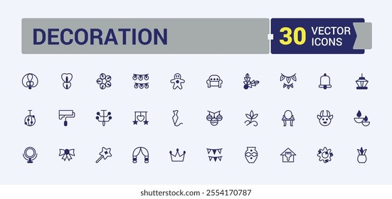 Decoration icon set. Contains related to carpet, table, furniture, art, wall, kitchen and more. Simple line vector. Vector line and solid icons.