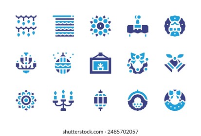 Decoration icon set. Duotone color. Vector illustration. Containing rangoli, christmaswreath, christmas, christmasball, picture, candlestick, chandelier, lantern.