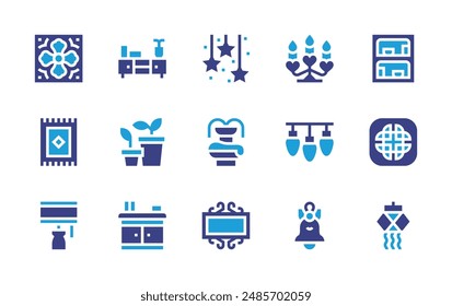 Decoration icon set. Duotone color. Vector illustration. Containing christmaslights, tile, star, carpet, celtic, showcase, plantpot, chestofdrawers, fountain, candelabra.