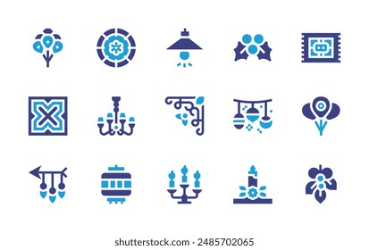 Decoration icon set. Duotone color. Vector illustration. Containing tile, paperlantern, floral, ceilinglamp, candelabra, dish, arrow, lamp, balloons.