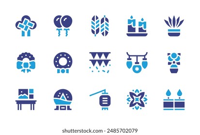 Decoration icon set. Duotone color. Vector illustration. Containing rangoli, decoration, christmaswreath, wreath, chineselantern, desk, vase, snowball, garland, candles.