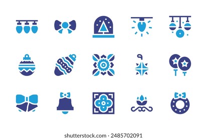 Decoration icon set. Duotone color. Vector illustration. Containing decorative, bell, wreath, bowtie, light, christmasballs, bauble, tile, floral, mandala, snow, balloon.