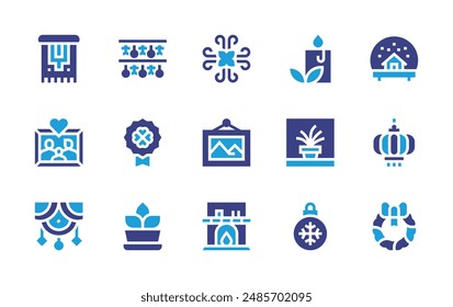 Decoration icon set. Duotone color. Vector illustration. Containing garland, candle, family, picture, floral, carpet, plant, chinese, snowball, medal.