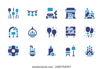 Decoration icon set. Duotone color. Vector illustration. Containing weddingreception, balloons, christmasball, wreath, plant, home, candle, kadomatsu, chair.