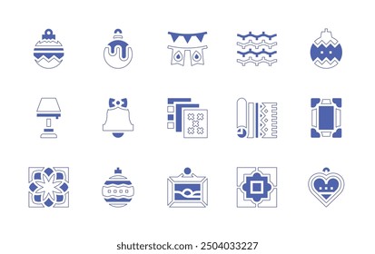 Decoration icon set. Duotone style line stroke and bold. Vector illustration. Containing paper, christmasball, bell, christmas, lights, bauble, tile, frame, carpet, lamp, picture, garlands.