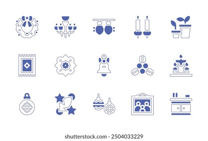 Decoration icon set. Duotone style line stroke and bold. Vector illustration. Containing mistletoe, light, bell, bauble, frame, star, pattern, hall, plantpot, chandelier, candle, candles.