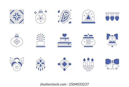 Decoration icon set. Duotone style line stroke and bold. Vector illustration. Containing frame, bell, christmasball, mistletoe, kumbhkalash, candle, weddingcake, cactus, dreamcatcher.