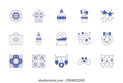 Decoration icon set. Duotone style line stroke and bold. Vector illustration. Containing diwali, decoration, christmasball, mistletoe, bauble, snowglobe, tile, plant, rangoli, garland.