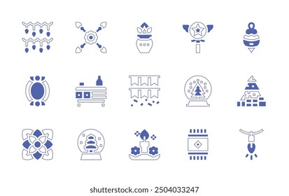 Decoration icon set. Duotone style line stroke and bold. Vector illustration. Containing decoration, christmastree, flower, frame, drawer, snowball, garland, rug, offering, snowglobe.