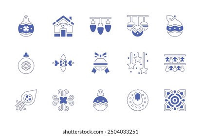 Decoration icon set. Duotone style line stroke and bold. Vector illustration. Containing decoration, bauble, christmasball, christmaslights, sleighbell, floral, dreamcatcher.