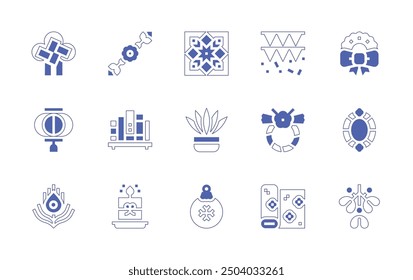 Decoration icon set. Duotone style line stroke and bold. Vector illustration. Containing christmasball, candle, fern, peacock, tile, bookshelf, maedeup, floral, chineselantern.