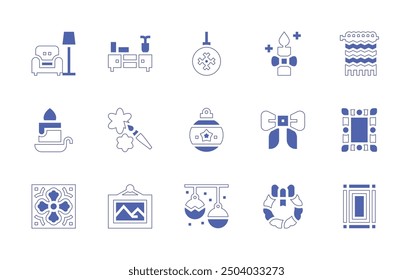 Decoration icon set. Duotone style line stroke and bold. Vector illustration. Containing bauble, christmaswreath, christmasball, ribbon, tile, frame, rug, picture, decoupage, candle.