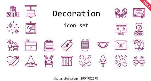 decoration icon set. line icon style. decoration related icons such as cake slice, groom, curtains, certificate, lamp, stars, heart, popsicle, bird house, witch hat, painting, letter, price tag