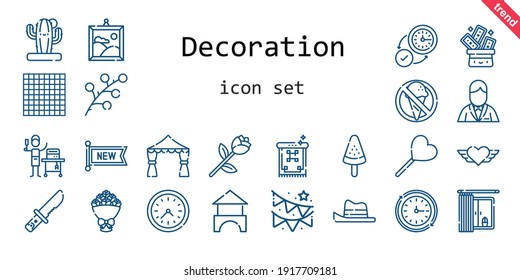 conjunto de iconos de decoración. estilo de icono de línea. iconos relacionados con la decoración como ladrillos, nuevos, novio, garland, ramo, lollipop, reloj de pared, truco, rama, palomita, corazón, cuchillo, arco de boda, pintura