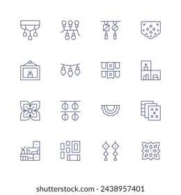 Conjunto de iconos de decoración. Icono de línea fina. Trazo editable. Contiene toran, luces, imagen, nochebuena, feria, estantes, marcos, decoración, decorar, almacenamiento, papel.