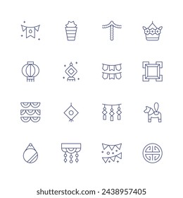 Decoration icon set. Thin line icon. Editable stroke. Containing garland, lantern, mardigras, mirror, plant, decoration, decorations, decorate, flags, flower, frame.