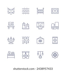 Decoration icon set. Thin line icon. Editable stroke. Containing pennant, lights, desk, candles, candelabra, drawer, window, decoration, christmasdecorations, rug, fabric.